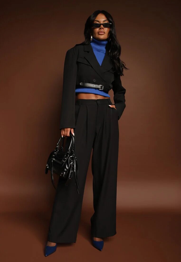 elsa.m by may Compleu Negru Stil Costum Pantaloni Largi cu Curea și Sacou Scurt Veritia