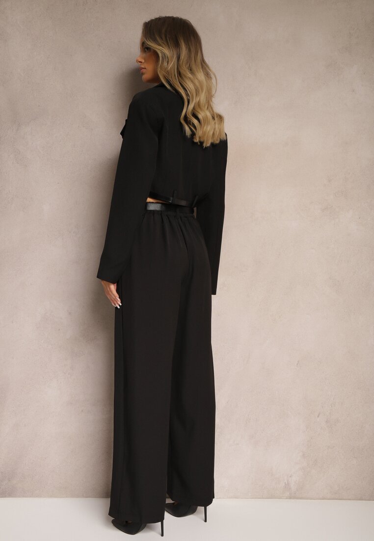 elsa.m by may Compleu Negru Stil Costum Pantaloni Largi cu Curea și Sacou Scurt Veritia