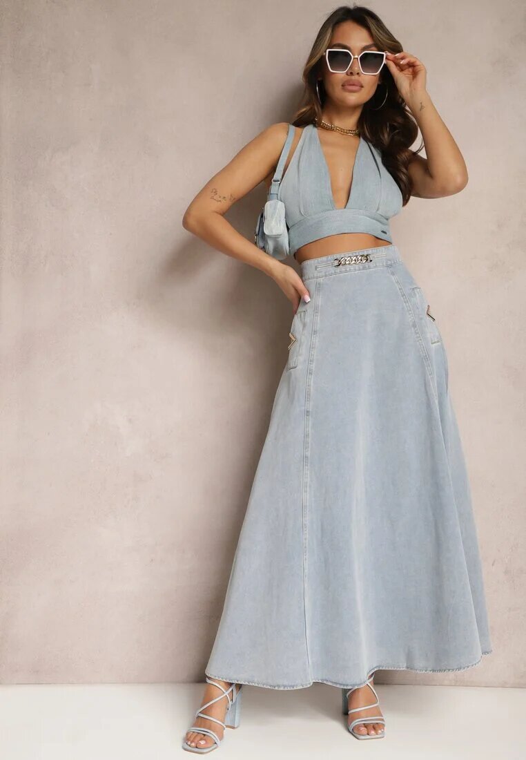elsa.m by may Fustă albastră deschisă din bumbac maxi cloș din denim cu lanț decorativ Viralle