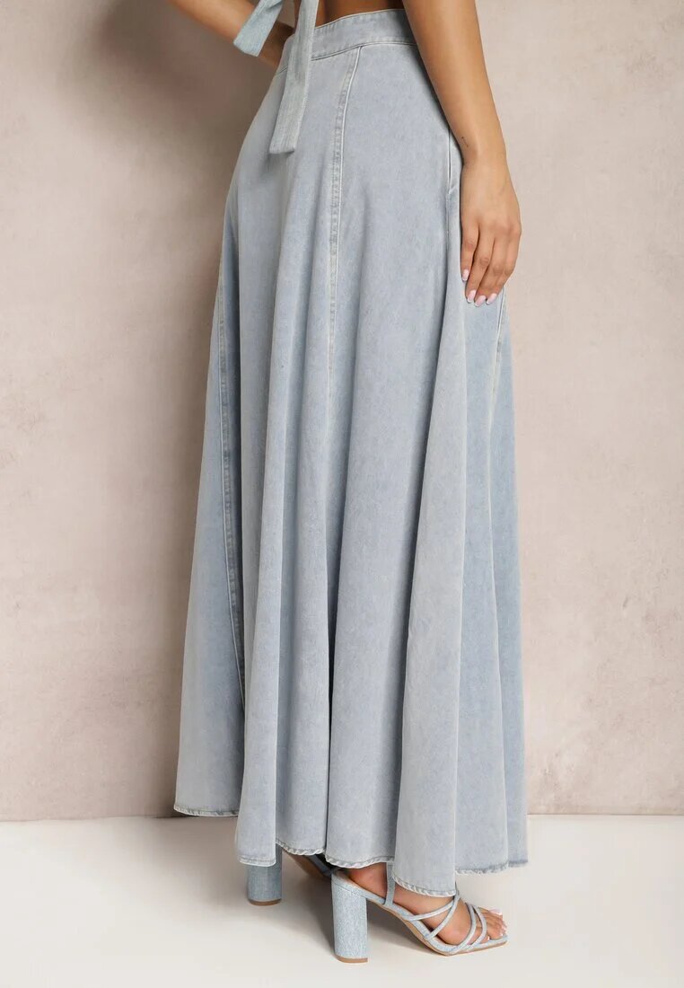 elsa.m by may Fustă albastră deschisă din bumbac maxi cloș din denim cu lanț decorativ Viralle