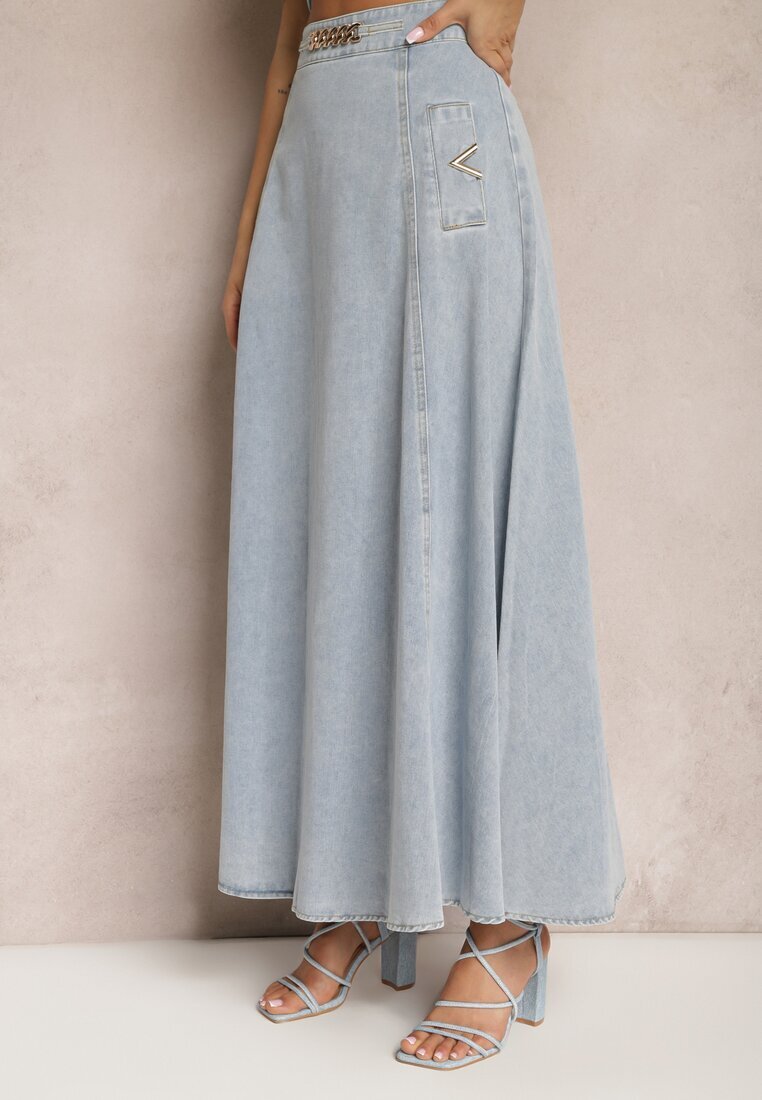 elsa.m by may Fustă albastră deschisă din bumbac maxi cloș din denim cu lanț decorativ Viralle