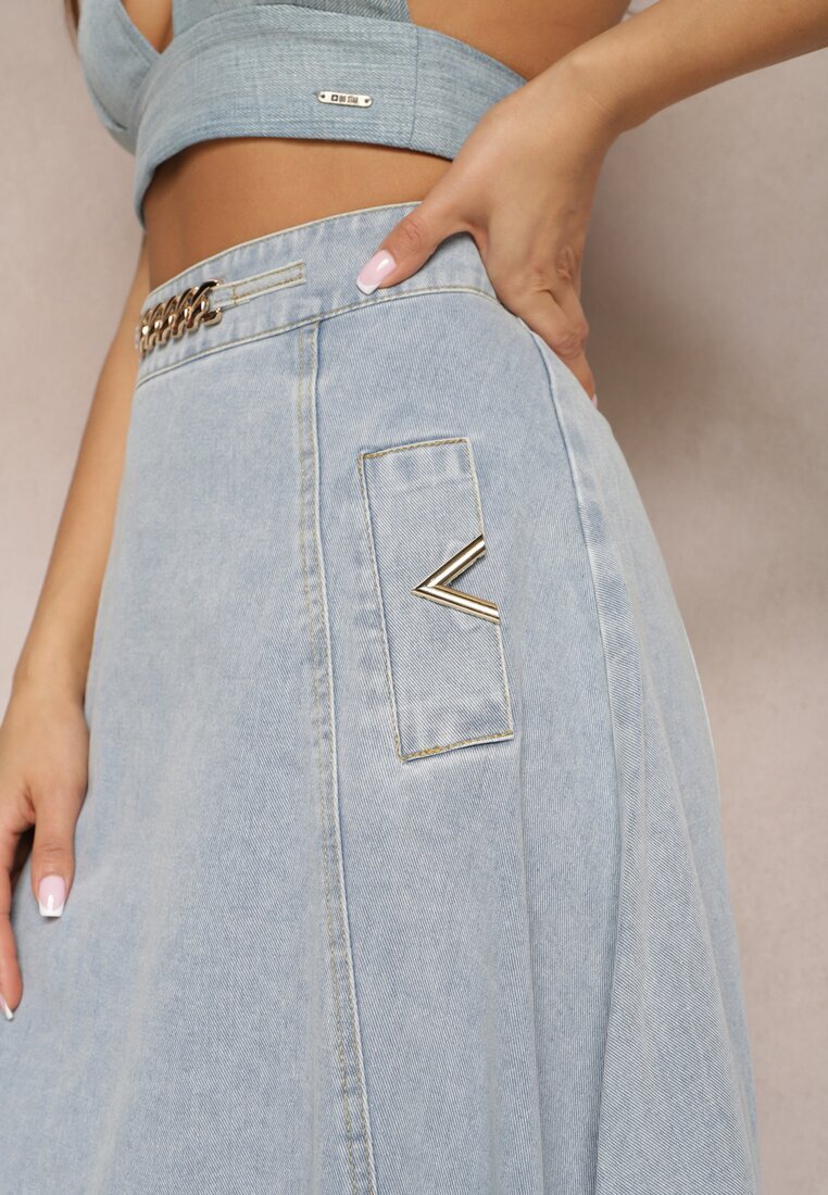 elsa.m by may Fustă albastră deschisă din bumbac maxi cloș din denim cu lanț decorativ Viralle