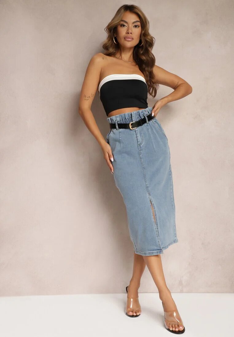 elsa.m by may Fustă Albastră Din bumbac High Waist cu șliț și curea și elastic în talie Crisbella