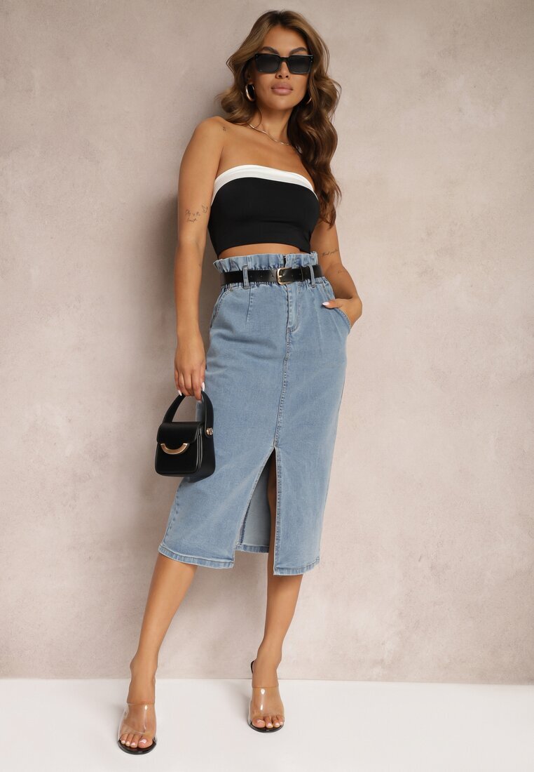 elsa.m by may Fustă Albastră Din bumbac High Waist cu șliț și curea și elastic în talie Crisbella