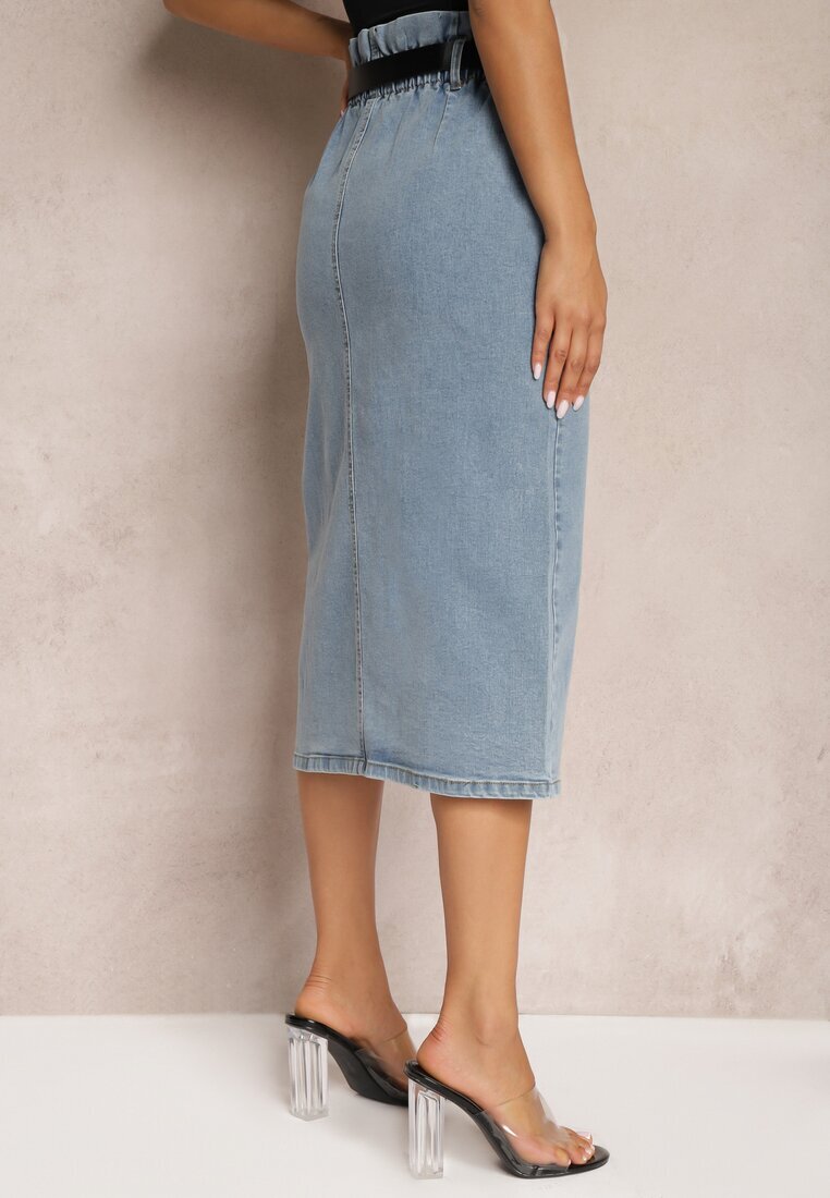 elsa.m by may Fustă Albastră Din bumbac High Waist cu șliț și curea și elastic în talie Crisbella