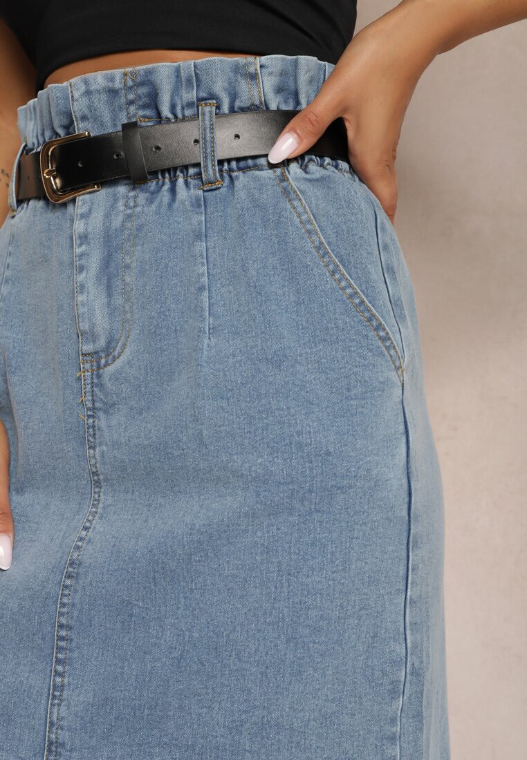elsa.m by may Fustă Albastră Din bumbac High Waist cu șliț și curea și elastic în talie Crisbella