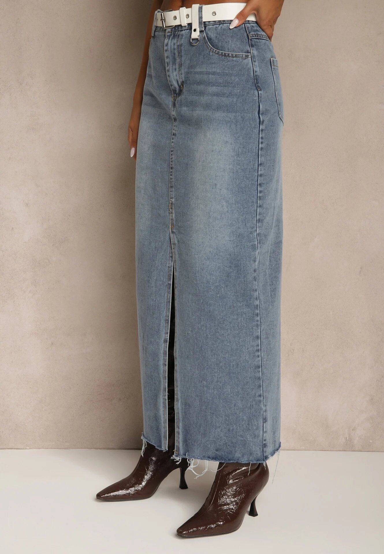 elsa.m by may Fustă Albastră din Denim cu Croi Tip Creion Ornată cu Șliț Lisovira