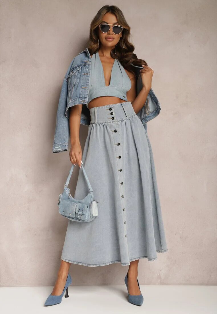elsa.m by may Fustă Albastru Deschis Denim Maxi cu Nasturi din Bumbac Rachellia