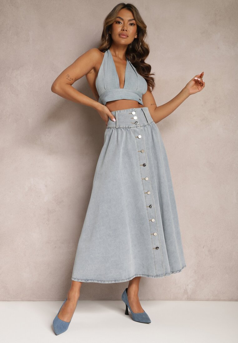 elsa.m by may Fustă Albastru Deschis Denim Maxi cu Nasturi din Bumbac Rachellia