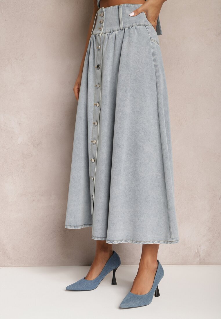 elsa.m by may Fustă Albastru Deschis Denim Maxi cu Nasturi din Bumbac Rachellia