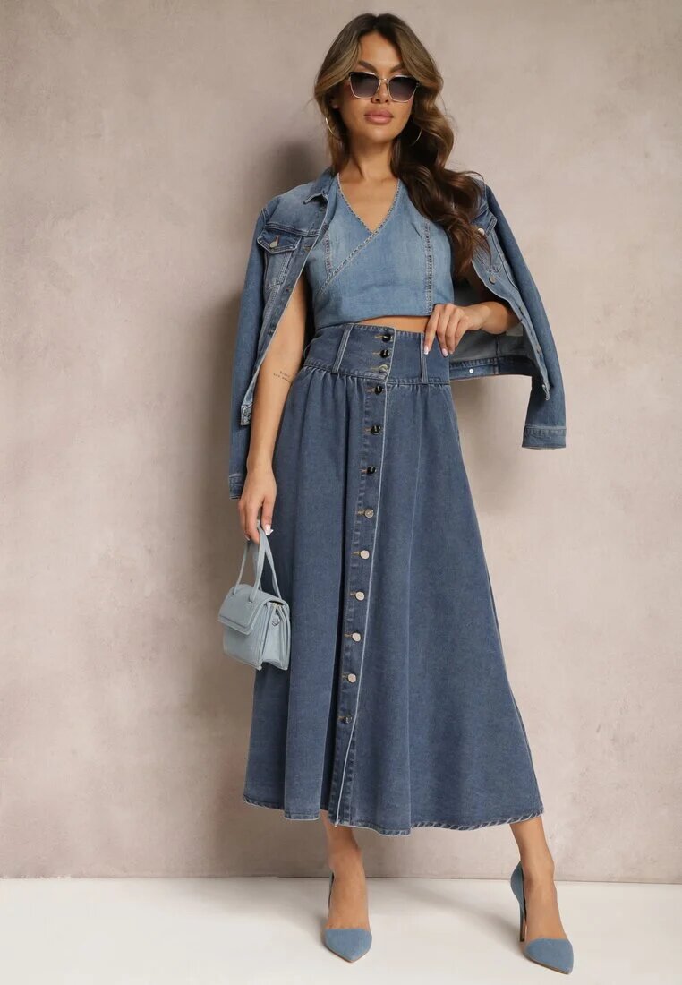 elsa.m by may Fustă Bleumarin Denim Maxi cu Nasturi din Bumbac Rachellia