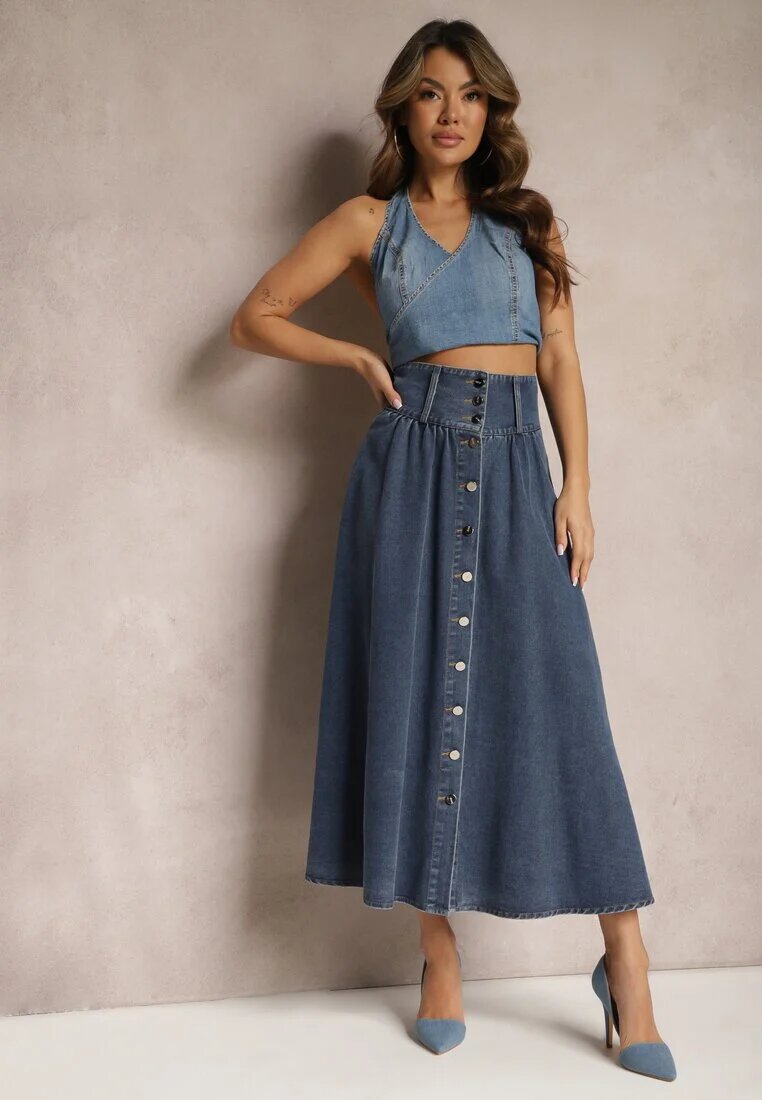 elsa.m by may Fustă Bleumarin Denim Maxi cu Nasturi din Bumbac Rachellia