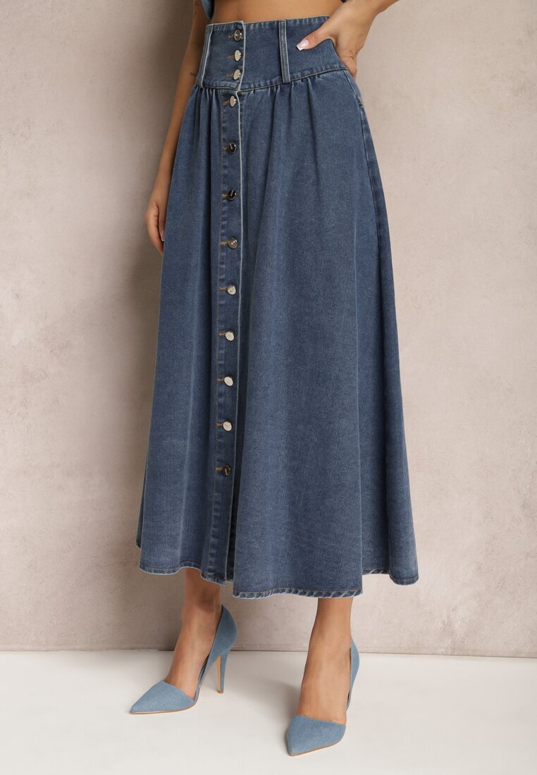 elsa.m by may Fustă Bleumarin Denim Maxi cu Nasturi din Bumbac Rachellia