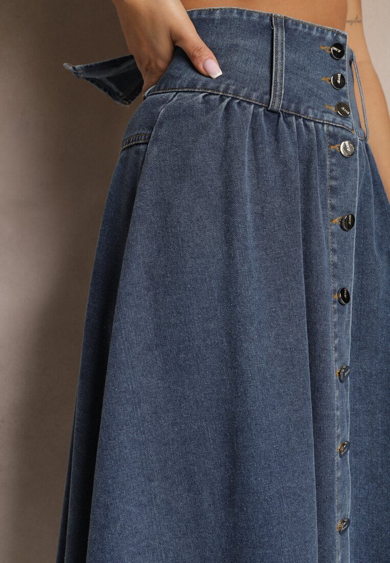 elsa.m by may Fustă Bleumarin Denim Maxi cu Nasturi din Bumbac Rachellia
