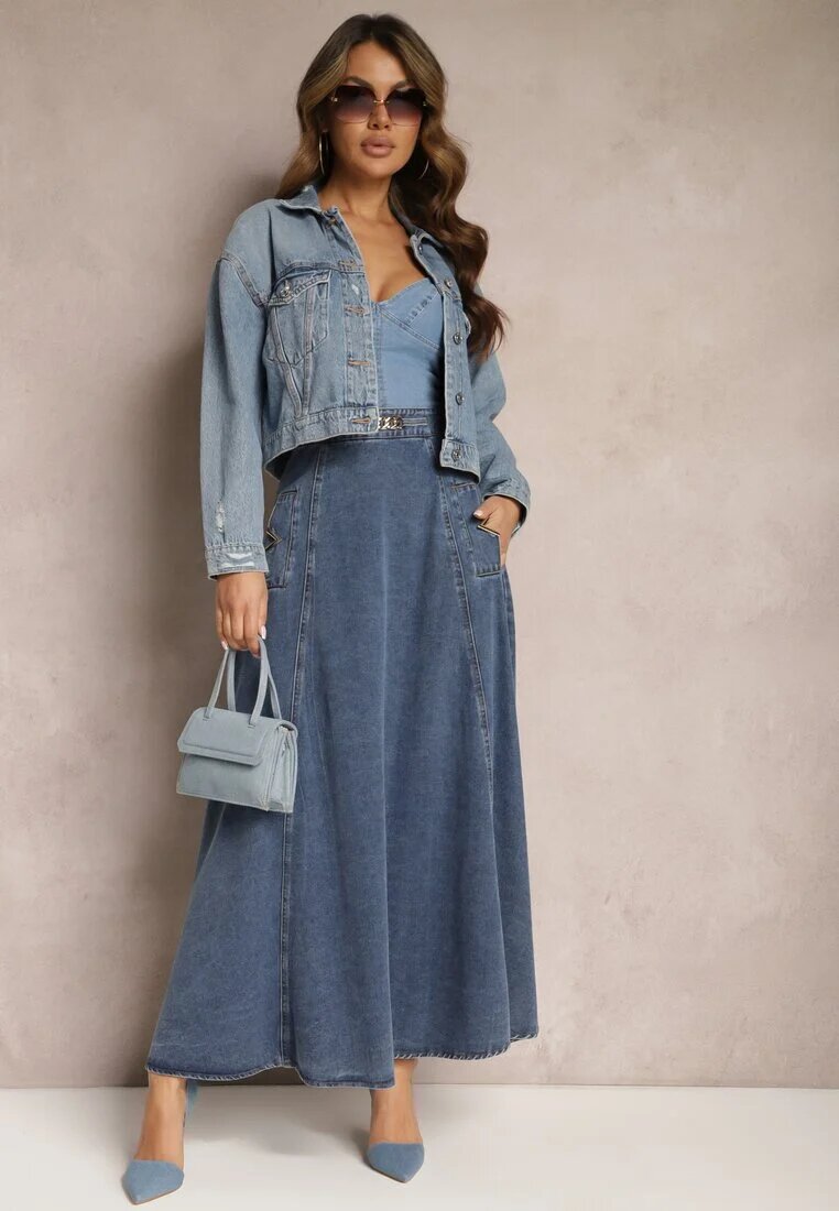 elsa.m by may Fustă bleumarin din bumbac maxi evazată din denim cu lanț decorativ Viralle