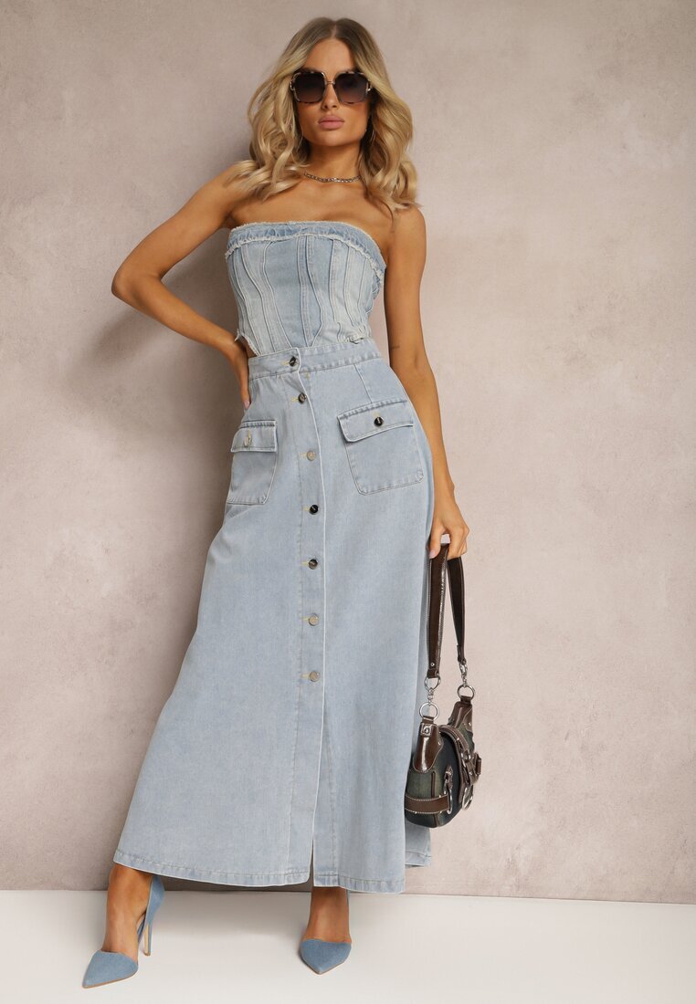 elsa.m by may Fustă cloș albastru deschis din denim maxi din bumbac cu nasturi Brissa