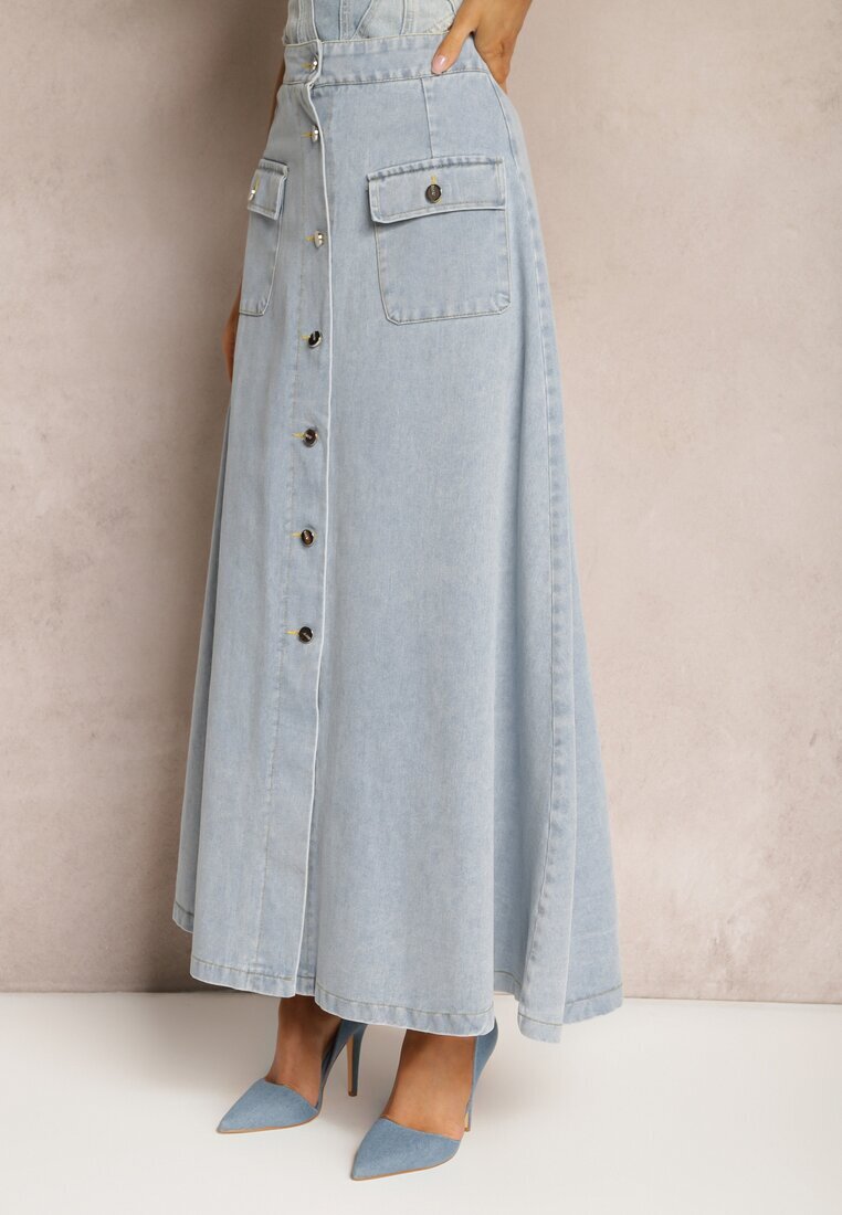 elsa.m by may Fustă cloș albastru deschis din denim maxi din bumbac cu nasturi Brissa