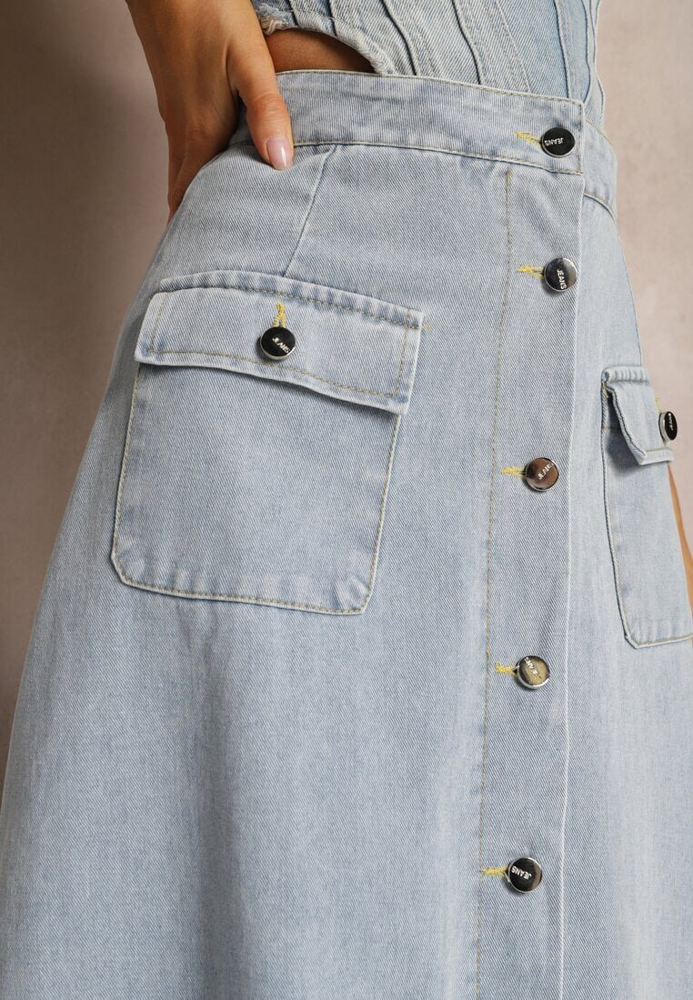 elsa.m by may Fustă cloș albastru deschis din denim maxi din bumbac cu nasturi Brissa
