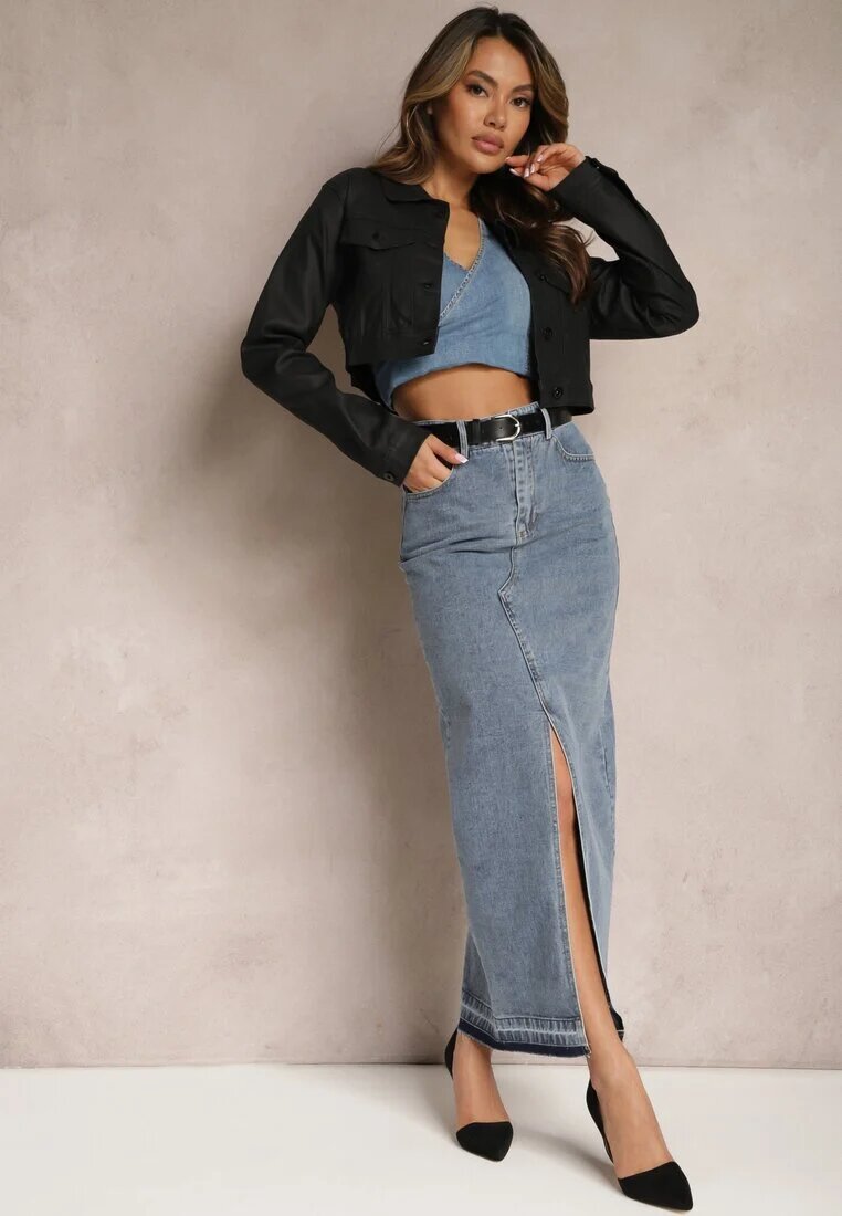 elsa.m by may Fustă creion bleumarin din denim cu șliț decorativ Lefrana