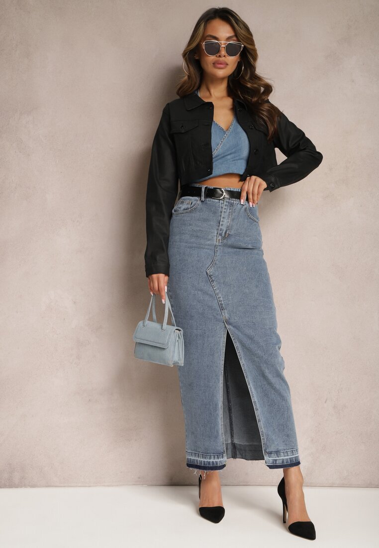 elsa.m by may Fustă creion bleumarin din denim cu șliț decorativ Lefrana