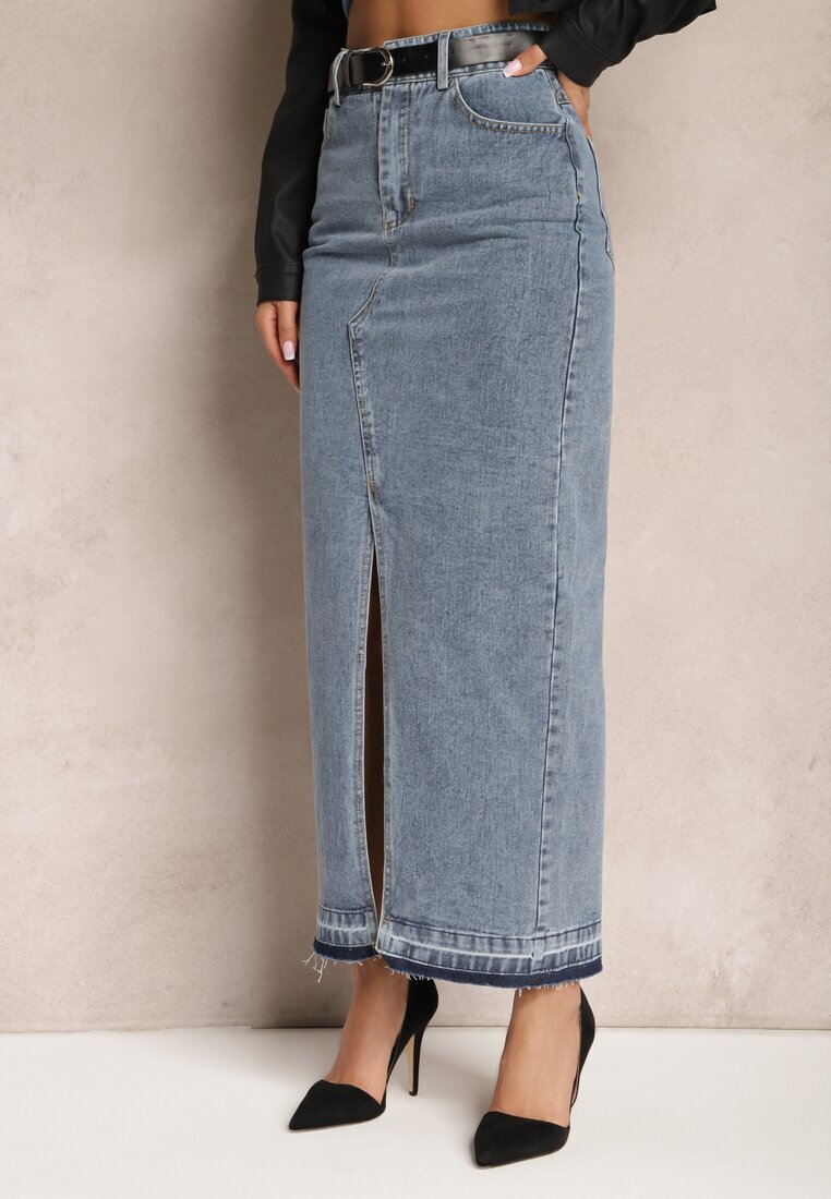 elsa.m by may Fustă creion bleumarin din denim cu șliț decorativ Lefrana