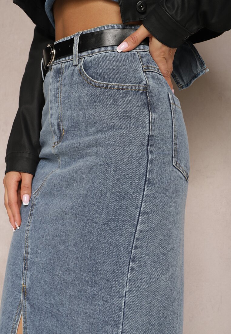 elsa.m by may Fustă creion bleumarin din denim cu șliț decorativ Lefrana