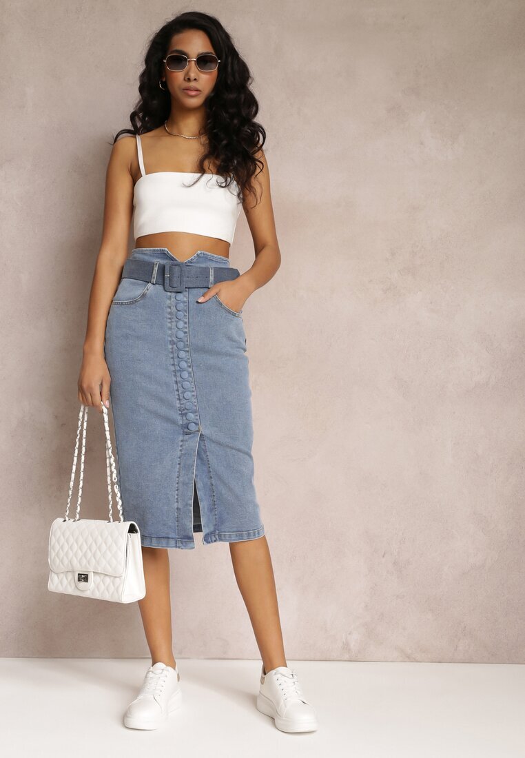 elsa.m by may Fustă creion denim albastră midi cu nasturi și șliț Jackiesa