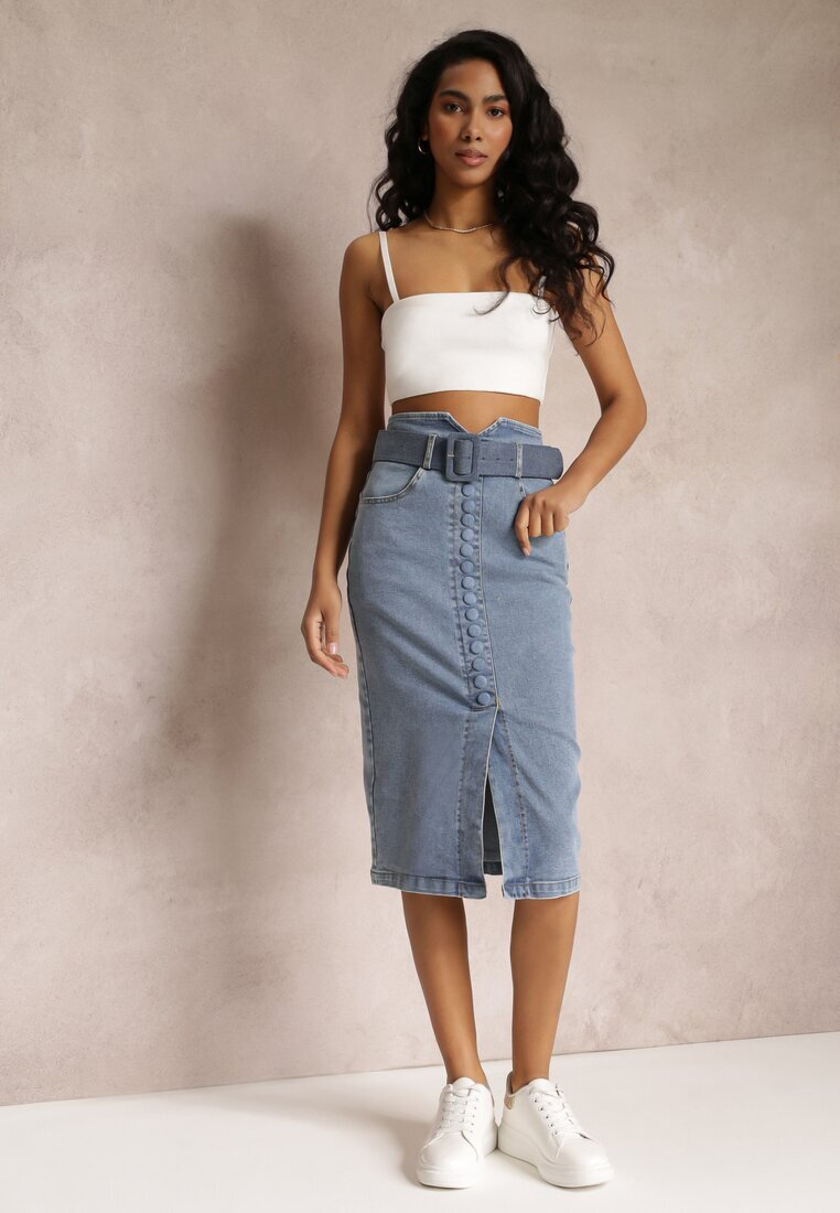 elsa.m by may Fustă creion denim albastră midi cu nasturi și șliț Jackiesa