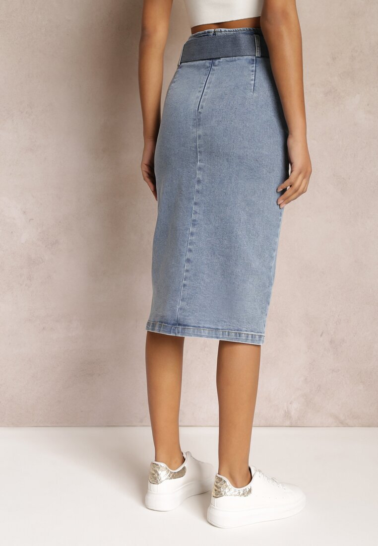 elsa.m by may Fustă creion denim albastră midi cu nasturi și șliț Jackiesa