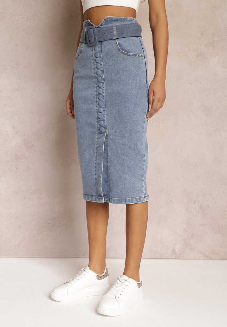elsa.m by may Fustă creion denim albastră midi cu nasturi și șliț Jackiesa
