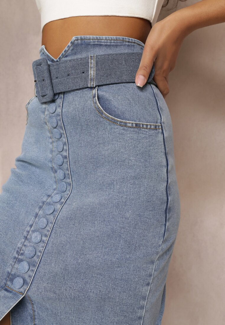 elsa.m by may Fustă creion denim albastră midi cu nasturi și șliț Jackiesa
