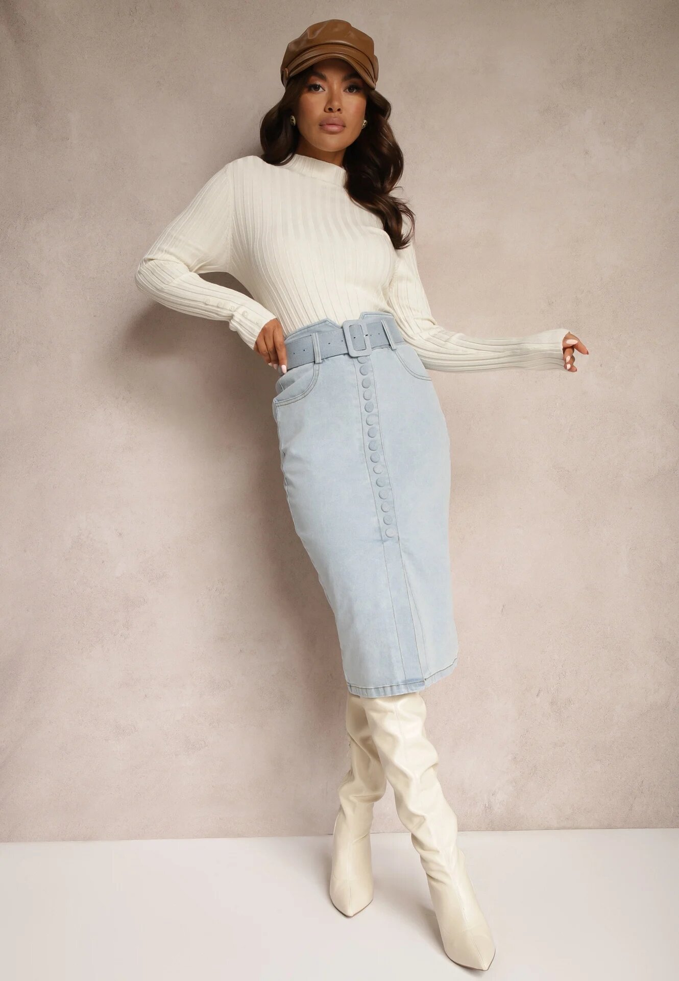 elsa.m by may Fustă Creion Jeans Midi Albastru deschis cu nasturi și șliț Jackiesa
