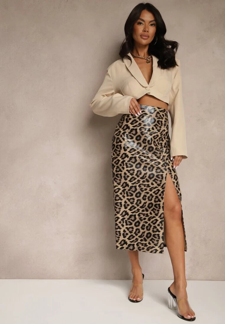 elsa.m by may Fustă creion Maro High Waist Leopard cu șliț Tamionwea