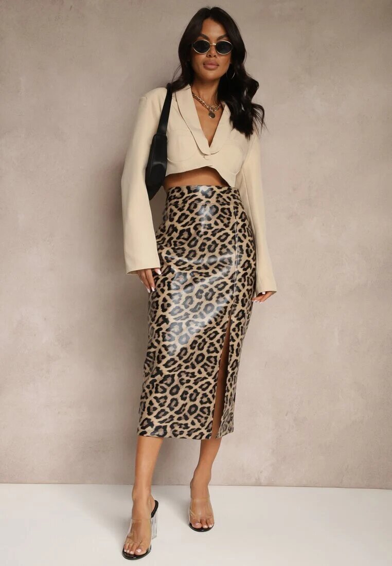 elsa.m by may Fustă creion Maro High Waist Leopard cu șliț Tamionwea