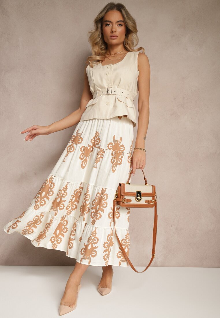 elsa.m by may Fustă Crem-Bej Evazată cu Modele Ornamentale din Viscoză Sarinea