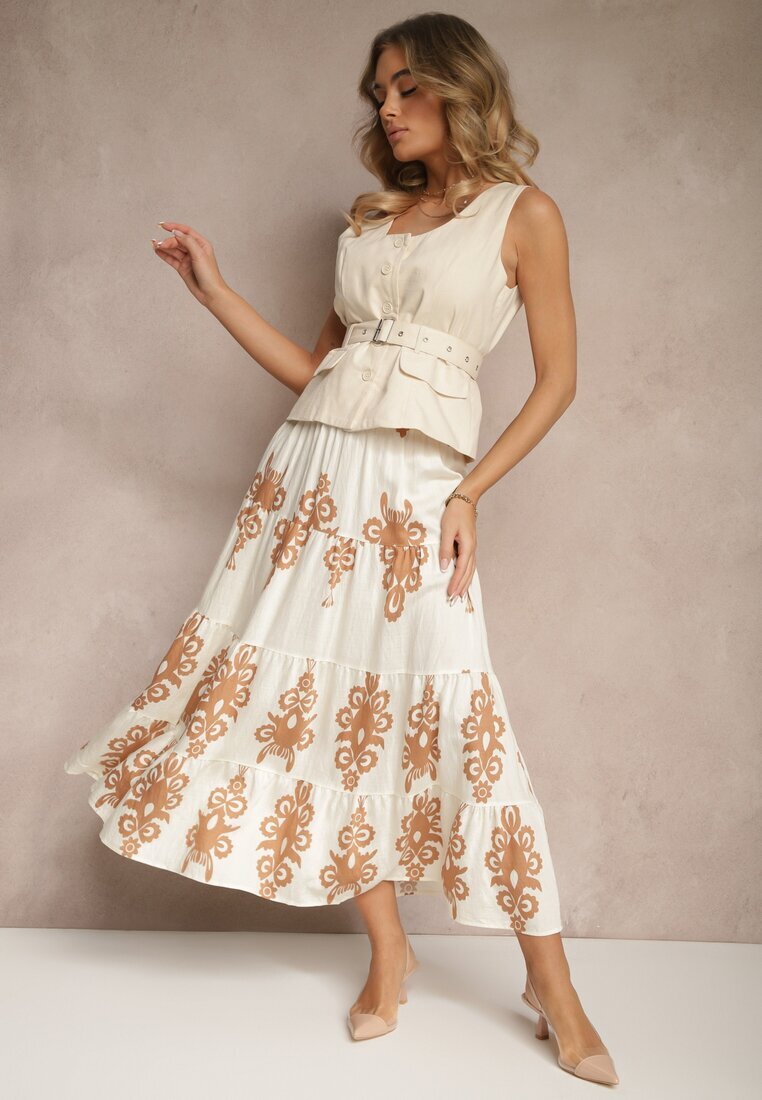 elsa.m by may Fustă Crem-Bej Evazată cu Modele Ornamentale din Viscoză Sarinea