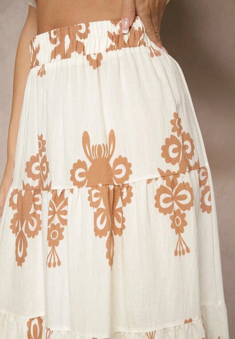 elsa.m by may Fustă Crem-Bej Evazată cu Modele Ornamentale din Viscoză Sarinea