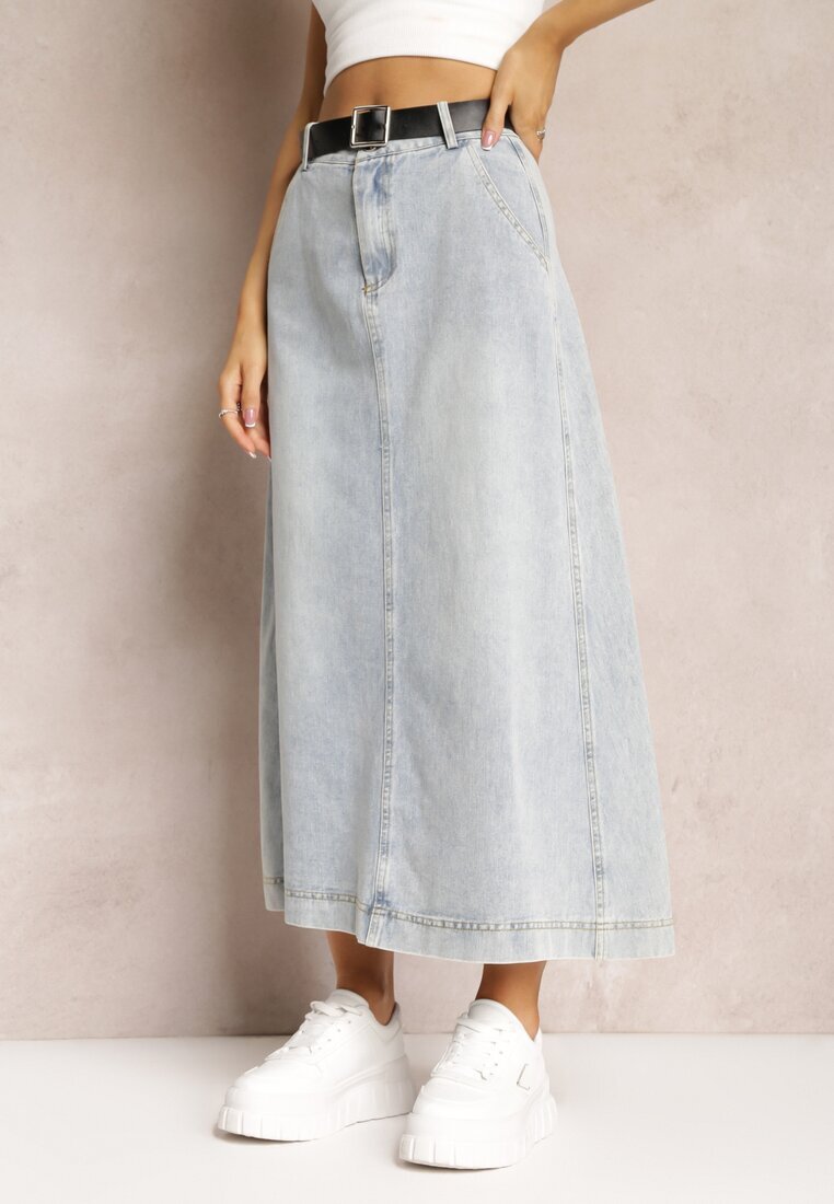 elsa.m by may Fustă Denim Maxi Albastru deschis cu croială cloș cu cordon Teviva