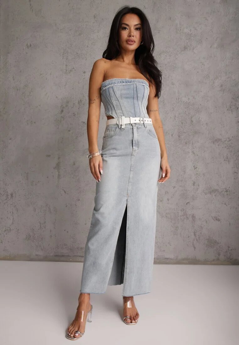 elsa.m by may Fustă din denim albastru deschis croi creion cu șliț Lisovira