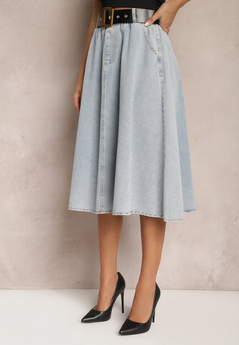 elsa.m by may Fustă Evazată Albastru deschis Din denim Midi cu Centură Wendlla