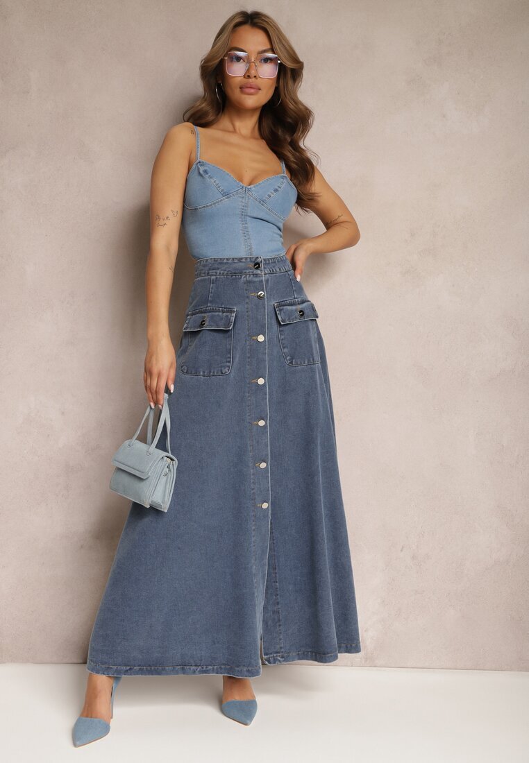 elsa.m by may Fustă Evazată Bleumarin Maxi Din Denim Din Bumbac Cu Nasturi Brissa