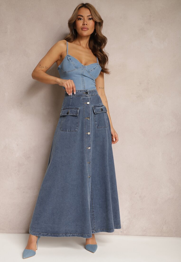 elsa.m by may Fustă Evazată Bleumarin Maxi Din Denim Din Bumbac Cu Nasturi Brissa
