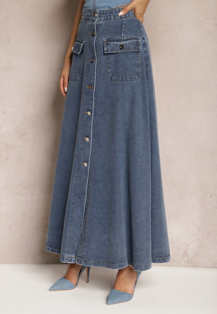 elsa.m by may Fustă Evazată Bleumarin Maxi Din Denim Din Bumbac Cu Nasturi Brissa
