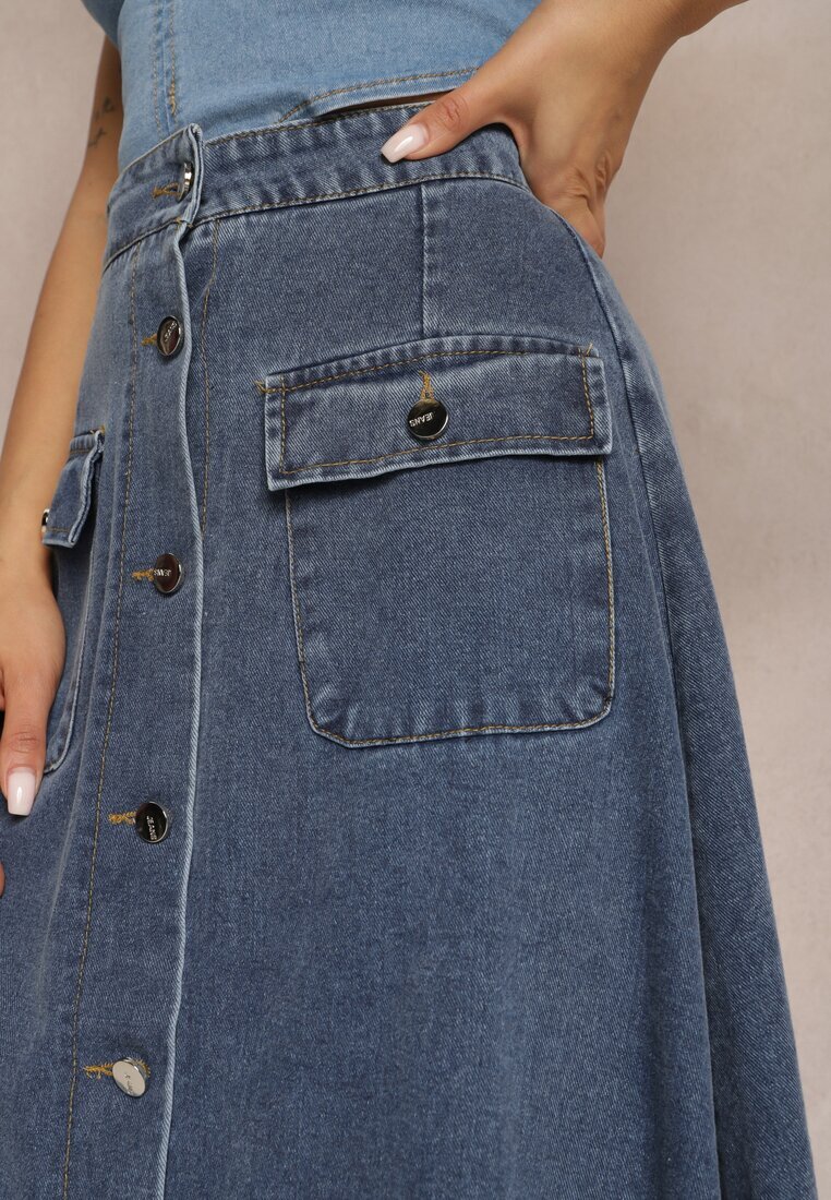 elsa.m by may Fustă Evazată Bleumarin Maxi Din Denim Din Bumbac Cu Nasturi Brissa