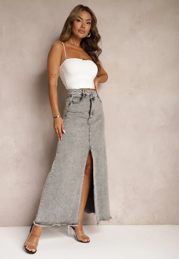 elsa.m by may Fustă Gri Franjurată Maxi din Denim cu Crăpătură Feedi