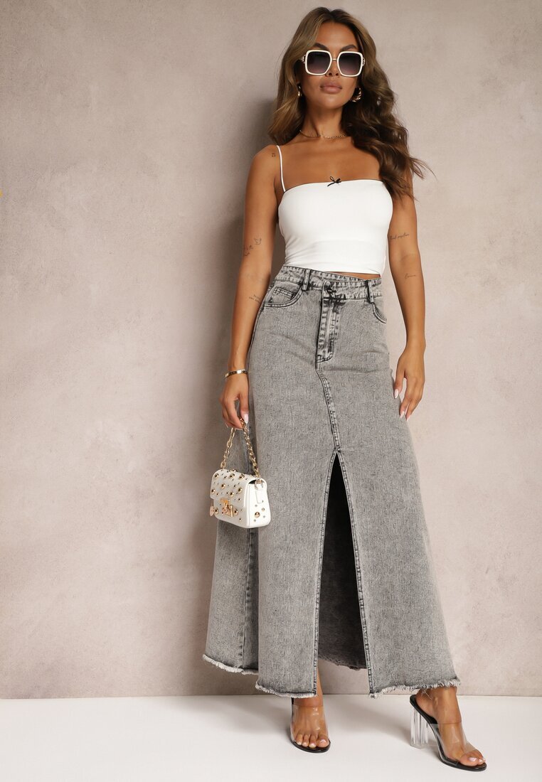 elsa.m by may Fustă Gri Franjurată Maxi din Denim cu Crăpătură Feedi