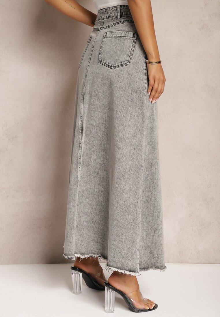 elsa.m by may Fustă Gri Franjurată Maxi din Denim cu Crăpătură Feedi