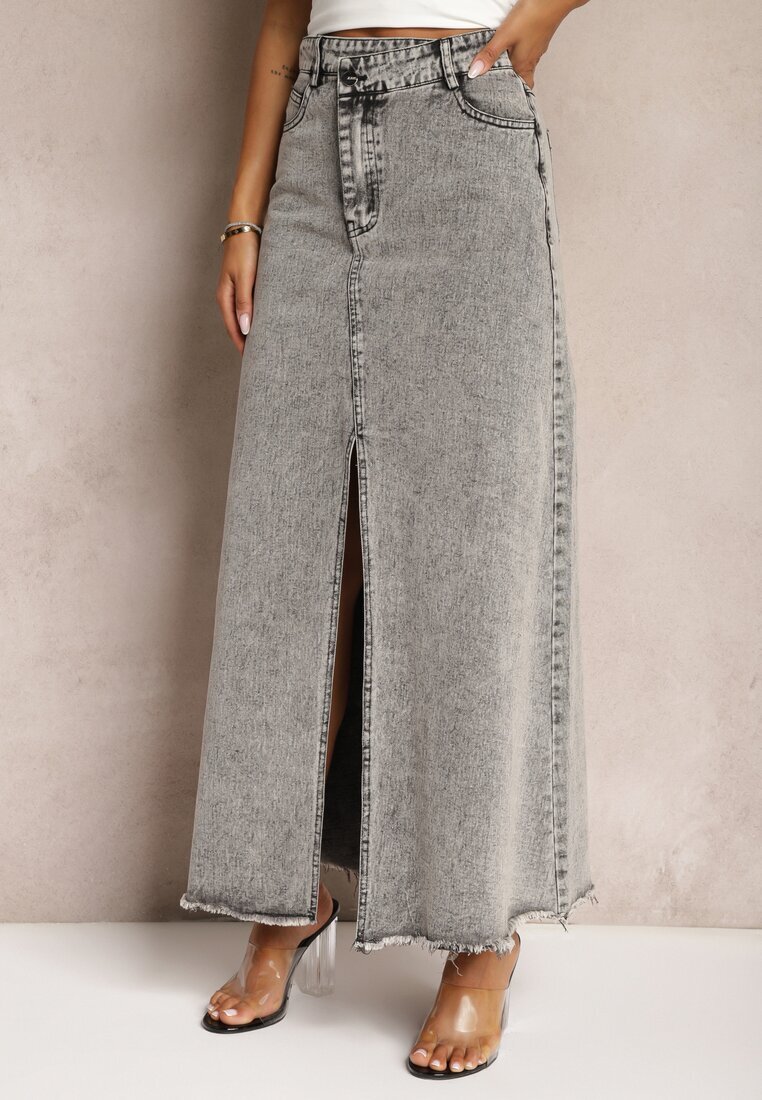 elsa.m by may Fustă Gri Franjurată Maxi din Denim cu Crăpătură Feedi