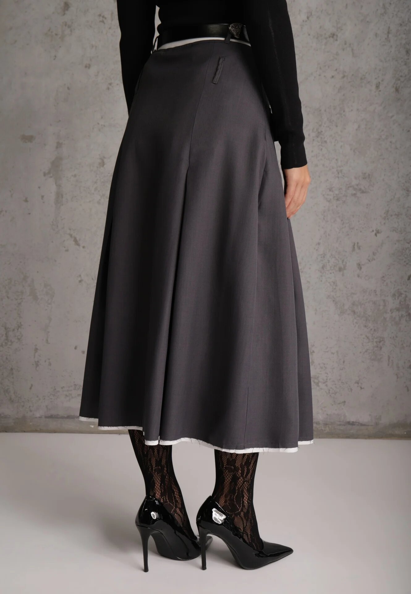 elsa.m by may Fustă Gri High Waist cu Pliuri Finisată cu Imitație Buzunare și Curea Evilenes