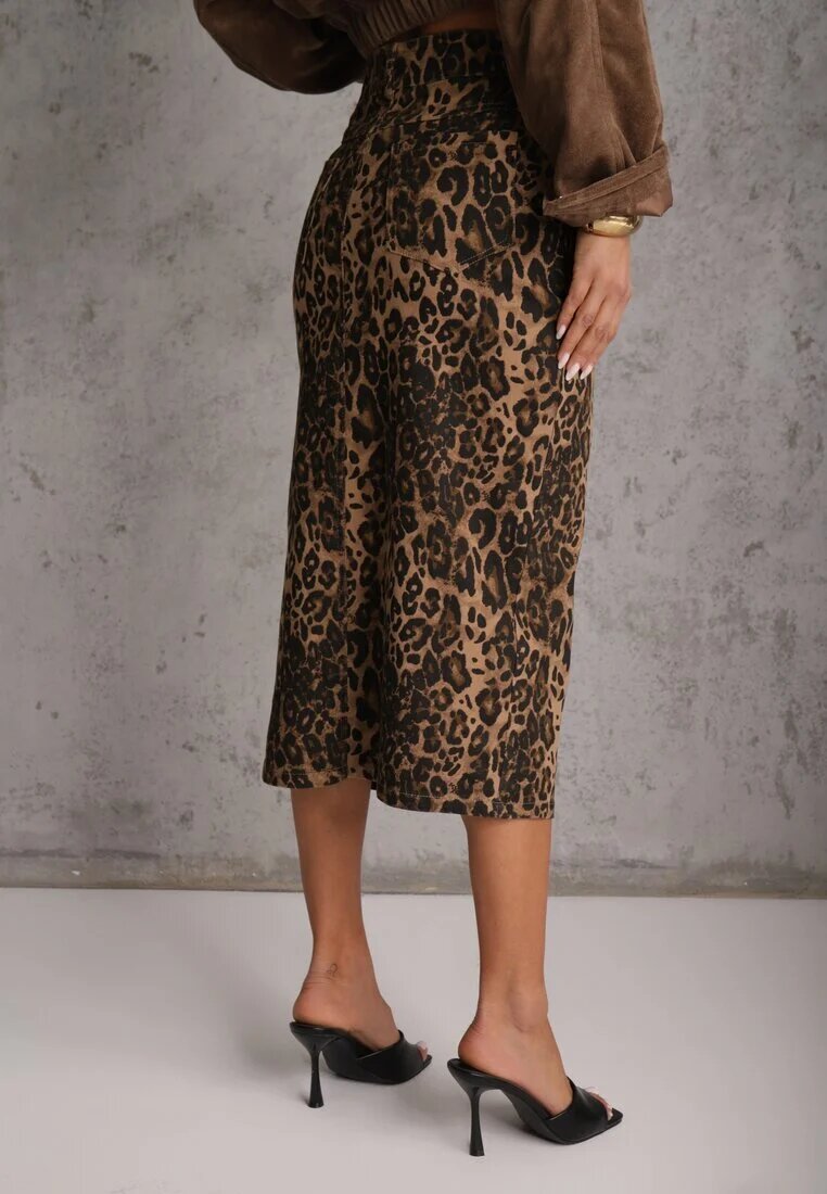 elsa.m by may Fustă maro din bumbac cu imprimeu leopard cu talie înaltă și șliț frontal Harilie